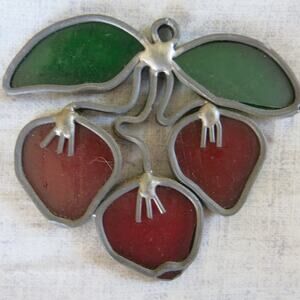 Vintage Stained Glass Strawberries SunCatcher Red Green Silver Metal 3" Window